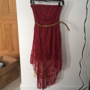 Red mini dress with lace cover.